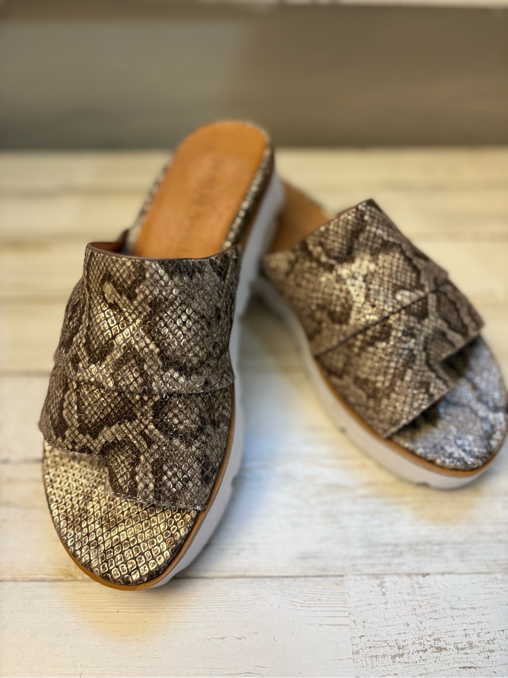 gentle souls Brown Snake-Print Slide Sandals
